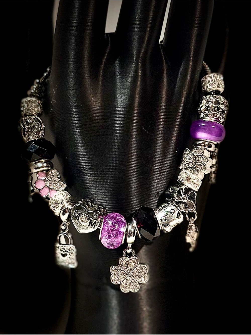Silver Mom and Dog Charm Bracelet with Purple & Black Accents